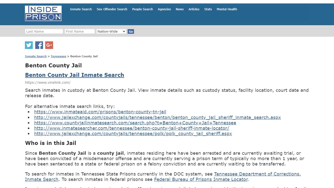 Benton County Jail - Tennessee - Inmate Search - Inside Prison